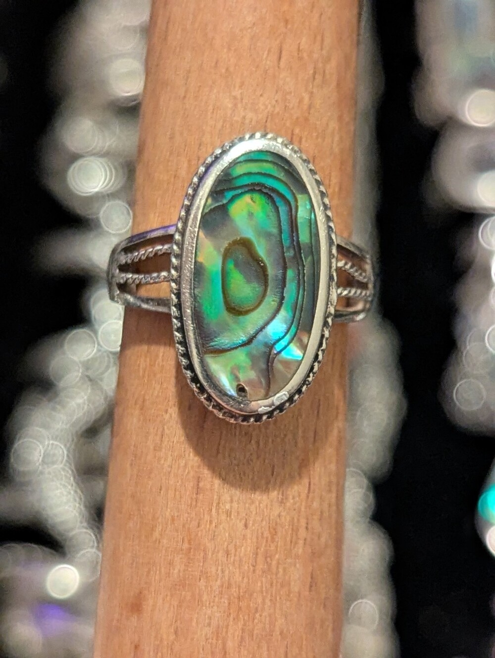 Abalone Shell Oval Sterling Silver Ring in Iridescent Green, Blue, gold, Pink